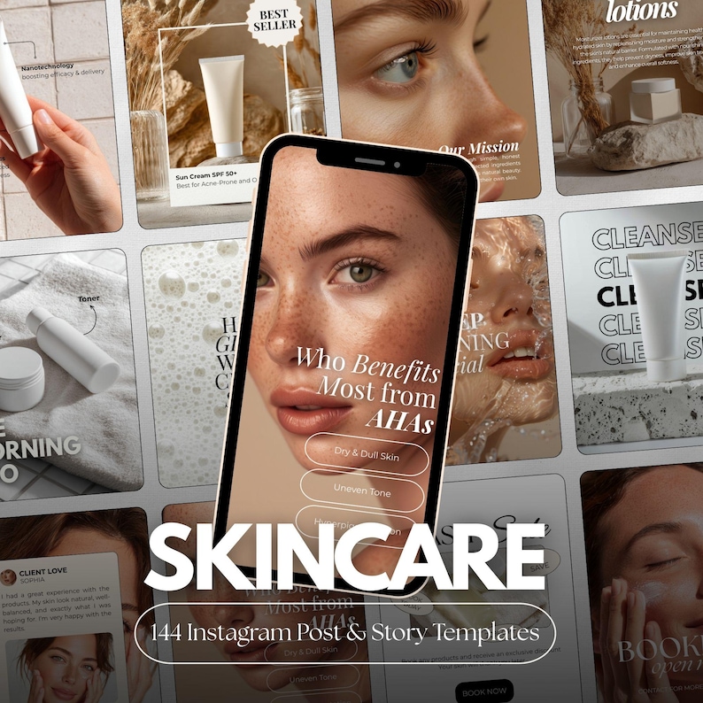 May include: A promotional image for skincare products, featuring a smartphone displaying a woman's face with freckles. The image includes text: "SKINCARE" and "144 Instagram Post & Story Templates." Additional product shots are visible.