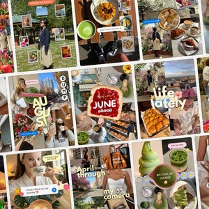 Op de afbeelding: Een digitale fotocollage met diverse lifestyle-scènes, waaronder eten, drankjes, bloemen en reisfoto's. De afbeeldingen bevatten tekstoverlays zoals 'AUGUST DUMP', 'JUNE', 'life lately', 'food' en 'NEW COLLECTION' met diverse grafische elementen.