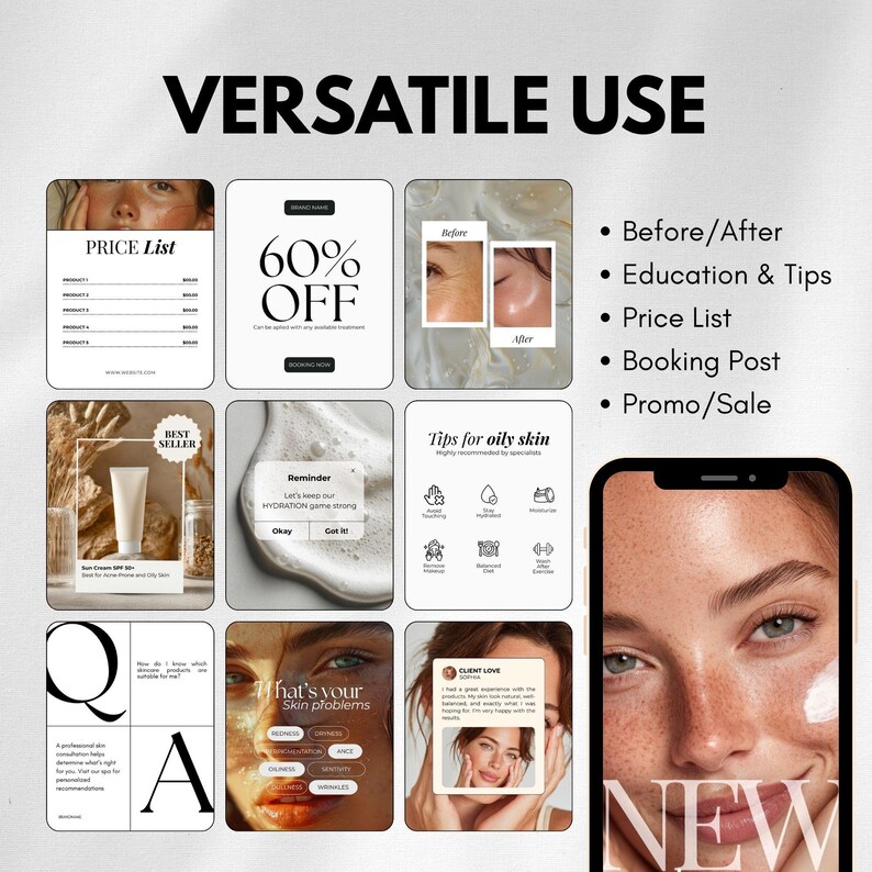 May include: A promotional image with the text "VERSATILE USE" at the top. The image features various skincare-related graphics, including a price list, a "60% OFF" promotion, before/after photos, and tips for oily skin. A phone displays the word "NEW".