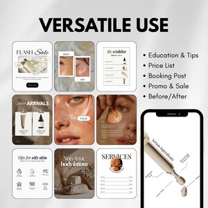 May include: A promotional graphic with the text "VERSATILE USE" at the top. The image features various skincare product advertisements, including a flash sale, before and after photos, and a list of services. A smartphone displays serum ingredients.