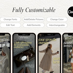 May include: A digital template set for social media featuring four smartphone screens displaying lifestyle content. Text includes Fully Customizable, Change Fonts, Add/Delete Pictures, Change Color, Edit Text, Add Elements, and Interchangeable. The designs show wellness-themed imagery with captions about daily affirmations, growth journeys, and routines.