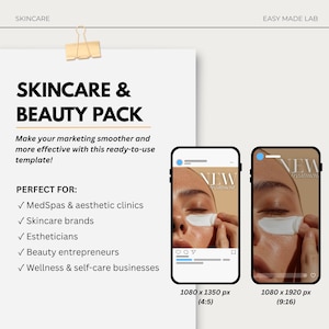 Puede incluir: Un papel blanco con el texto "SKINCARE & BEAUTY PACK" y dos maquetas de tel&eacute;fonos inteligentes que muestran un anuncio de cuidado de la piel. El texto "NEW Treatment" es visible en las pantallas de los tel&eacute;fonos. La imagen tambi&eacute;n incluye un clip dorado.