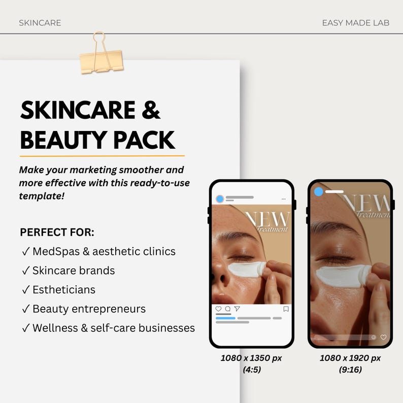 Puede incluir: Un papel blanco con el texto "SKINCARE & BEAUTY PACK" y dos maquetas de tel&eacute;fonos inteligentes que muestran un anuncio de cuidado de la piel. El texto "NEW Treatment" es visible en las pantallas de los tel&eacute;fonos. La imagen tambi&eacute;n incluye un clip dorado.