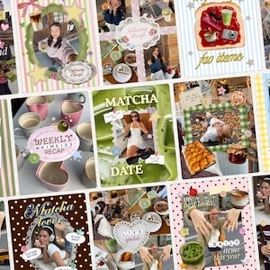 May include: A collage of digital scrapbook pages featuring various lifestyle photos, including matcha drinks, food, city scenes, and personal portraits, decorated with colorful borders, star stickers, and text overlays like Weekly Whimsies Recap and Matcha Date.