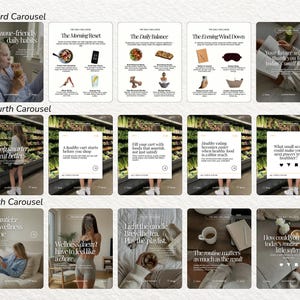 May include: A collection of social media carousel templates featuring wellness and lifestyle content. The graphics include text overlays, photography of daily routines, grocery shopping, and wellness tips with a neutral color palette.