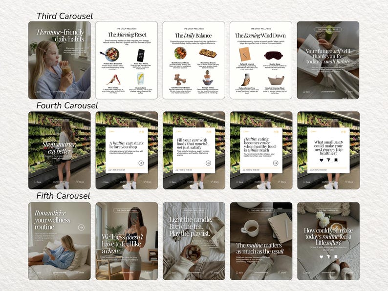 May include: A collection of social media carousel templates featuring wellness and lifestyle content. The graphics include text overlays, photography of daily routines, grocery shopping, and wellness tips with a neutral color palette.