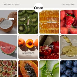 May include: A collage of images promoting natural skincare. It includes a coconut, kiwi, honeycomb, strawberries, watermelon, peaches, pomegranate, figs, papaya, aloe vera, and blueberries. Text includes "Natural Skincare Routine Essentials" and "Skincare Tips".