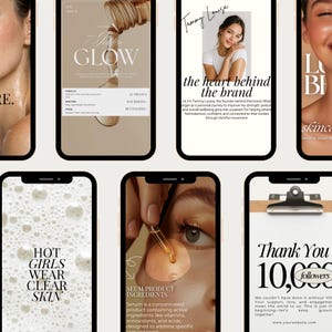 May include: A collection of smartphone screens displaying skincare product information and branding. The screens feature text like "Super Glow," "Hot Girls Wear Clear Skin," and "Thank You 10,000 Followers." The overall aesthetic is clean and modern, with a focus on beauty and wellness.