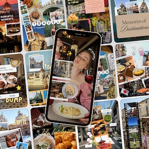 May include: A digital collage of travel photographs displayed on a smartphone screen, featuring various scenes of food, architecture, and landscapes. The images include pasta dishes, city landmarks, and travel memories with text overlays like Travel, Memories of Destinations, and Dump.