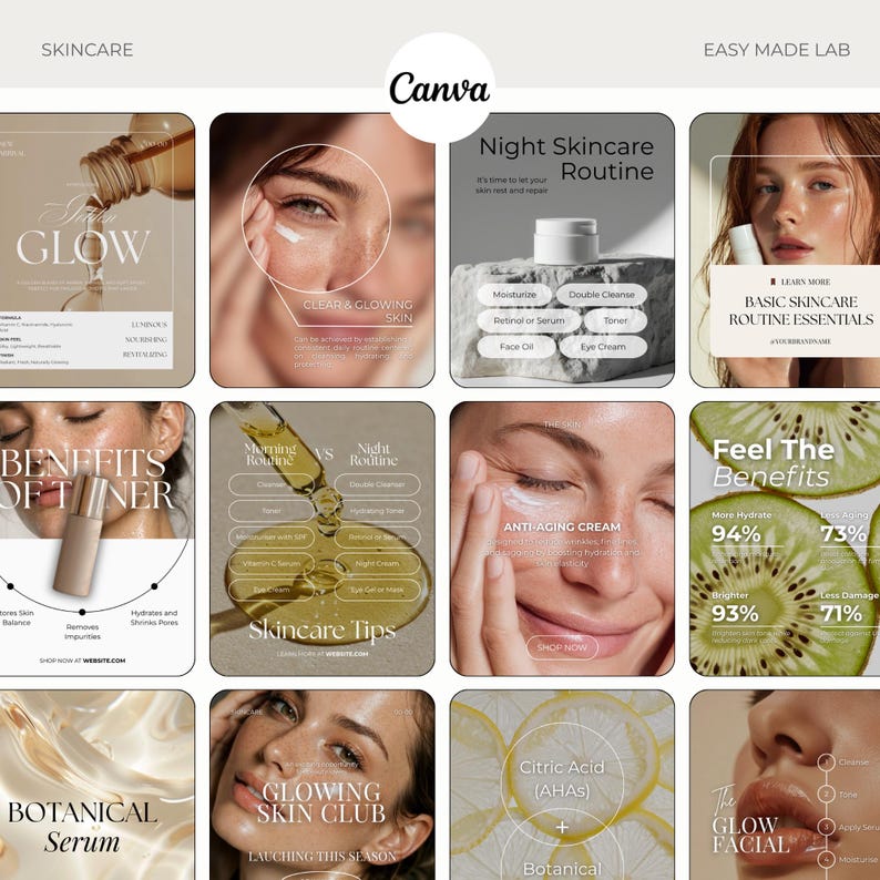 May include: A collage of skincare product advertisements. The ads feature images of women applying products, product bottles, and text such as "Glow," "Night Skincare Routine," and "Botanical Serum." The color palette is neutral with pops of gold and green.