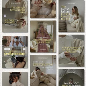 May include: A collection of social media graphics featuring neutral-toned lifestyle photography, including images of people in cozy loungewear, reading books, drinking coffee, and using laptops, overlaid with inspirational text and wellness themes.