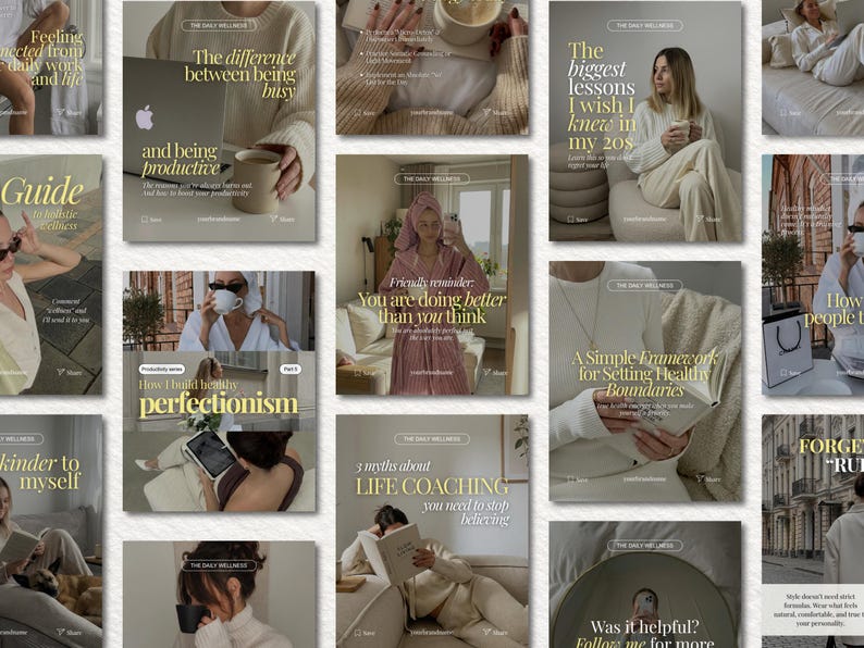 May include: A collection of social media graphics featuring neutral-toned lifestyle photography, including images of people in cozy loungewear, reading books, drinking coffee, and using laptops, overlaid with inspirational text and wellness themes.