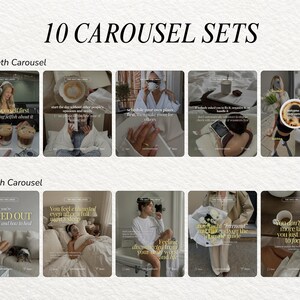 May include: A digital collection of 10 carousel sets for social media, featuring neutral-toned lifestyle photography, wellness-themed text overlays, and aesthetic imagery including coffee, cozy interiors, and self-care routines for content creation.
