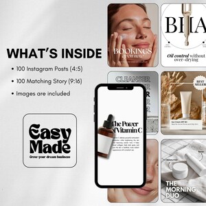 May include: A promotional image featuring beauty and skincare products. The image includes a smartphone displaying a Vitamin C serum bottle, along with other product images. Text includes "WHAT'S INSIDE", "Easy Made", and product names like "Cleanser" and "The Morning Duo".