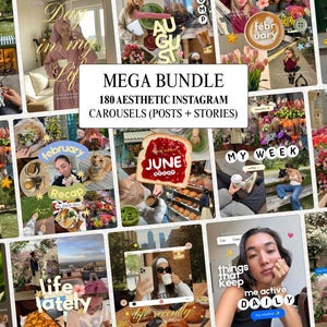 May include: A digital collection of 180 aesthetic Instagram carousel templates for posts and stories, featuring a collage of lifestyle photography, floral arrangements, food, coffee, and text overlays like Mega Bundle and June.