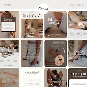May include: A collection of Pilates-related graphics with text including "Pilates for Beginners," "Benefits of Reformer," and a "Class Schedule." The colour scheme is neutral, featuring beige, brown, and white. The Canva logo is present.