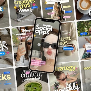 Puede incluir: Un teléfono inteligente que muestra una interfaz de redes sociales con una imagen central de una persona con una mascarilla facial blanca y gafas de sol negras, rodeada por una cuadrícula de plantillas de contenido.