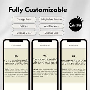 Może przedstawiać: Grafika marketingu cyfrowego z tekstem "W pełni konfigurowalny" i opcjami zmiany czcionek, edycji tekstu i zmiany koloru. Trzy makiety smartfon&oacute;w wyświetlają tekst o pielęgnacji sk&oacute;ry, z logo Canva w prawym g&oacute;rnym rogu.