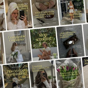 Könnte beinhalten: Eine Sammlung von zwölf digitalen Social-Media-Vorlagen mit Lifestyle-Fotografie, neutralen Farbpaletten und goldener Typografie mit motivierenden Textüberlagerungen wie How to stop overthinking und Trusting the woman I am becoming.