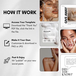 May include: A promotional graphic with the text "HOW IT WORK" and instructions for accessing, customizing, and posting a template. The image includes skincare product advertisements with the words "DEEP CLEANING facial" and "NEW Treatment."