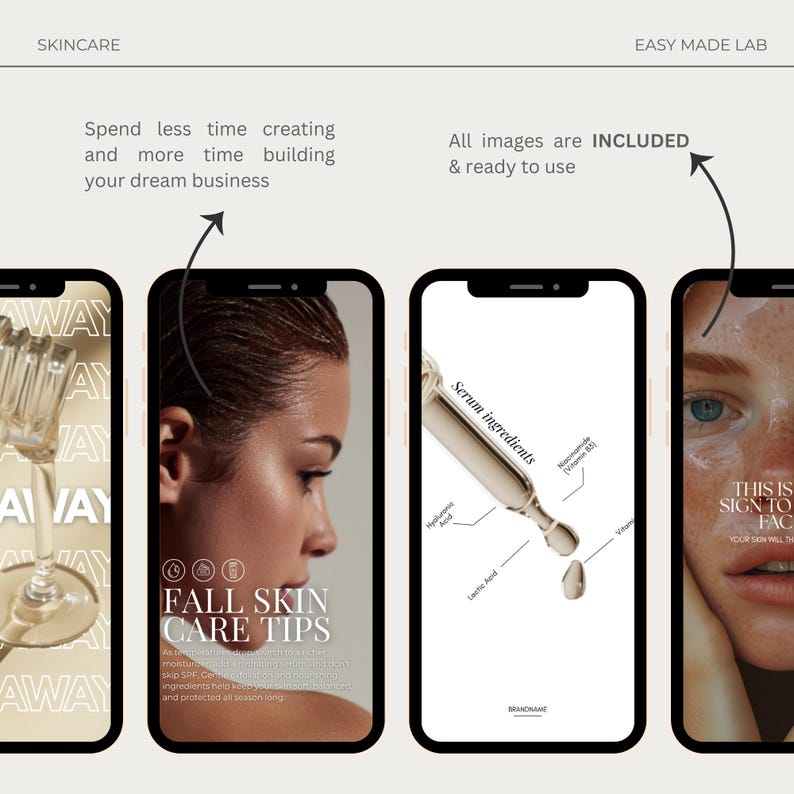 Puede incluir: Un anuncio de productos para el cuidado de la piel. La imagen muestra cuatro tel&eacute;fonos inteligentes que muestran contenido relacionado con el cuidado de la piel. Un tel&eacute;fono muestra la cara de una mujer, otro muestra un cuentagotas de suero y los otros muestran texto. El texto incluye "FALL SKIN CARE TIPS" y "Serum ingredients".