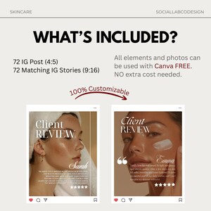 Puede incluir: Anuncio de productos para el cuidado de la piel con el texto &laquo;&iquest;QU&Eacute; INCLUYE?&raquo; y &laquo;100% personalizable&raquo;. Incluye dos plantillas de publicaciones de Instagram con rese&ntilde;as de clientes. El texto incluye &laquo;72 publicaciones de IG (4:5)&raquo; y &laquo;72 historias de IG a juego (9:16).&raquo;