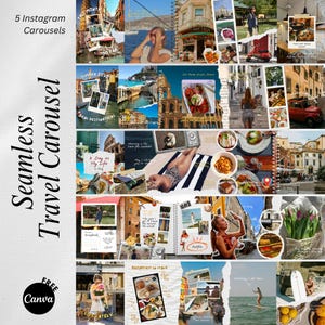 May include: A digital template set for five Instagram carousels featuring travel-themed collages with torn paper edges, handwritten-style text, and various photographs of Italian landscapes, food, architecture, and people in a scrapbook layout.