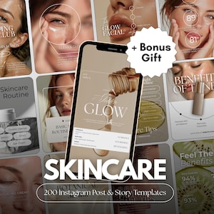 May include: An advertisement for skincare products, showcasing a smartphone with a "The Glow Facial" template. The image includes skincare routine graphics, product shots, and the text "Skincare" and "200 Instagram Post & Story Templates."