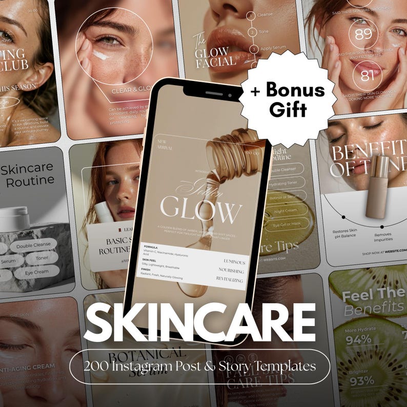 May include: A promotional image for skincare products, featuring a smartphone displaying a "The Glow Facial" template. The image includes various skincare routine graphics, product shots, and the text "Skincare" and "200 Instagram Post & Story Templates."