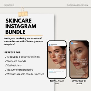 Puede incluir: Una plantilla de paquete de Instagram para el cuidado de la piel con el texto "SKINCARE INSTAGRAM BUNDLE". La plantilla est&aacute; dise&ntilde;ada para MedSpas, marcas de cuidado de la piel, esteticistas, emprendedores de belleza y negocios de bienestar. Dos maquetas de tel&eacute;fono muestran la plantilla.