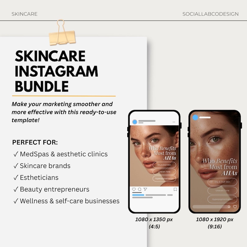 Puede incluir: Una plantilla de paquete de Instagram para el cuidado de la piel con el texto "SKINCARE INSTAGRAM BUNDLE". La plantilla est&aacute; dise&ntilde;ada para MedSpas, marcas de cuidado de la piel, esteticistas, emprendedores de belleza y negocios de bienestar. Dos maquetas de tel&eacute;fono muestran la plantilla.