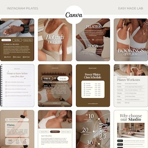 May include: A collection of Instagram Pilates posts with a neutral color palette. The posts include text about Pilates, class schedules, and workout information. The images feature people in activewear.
