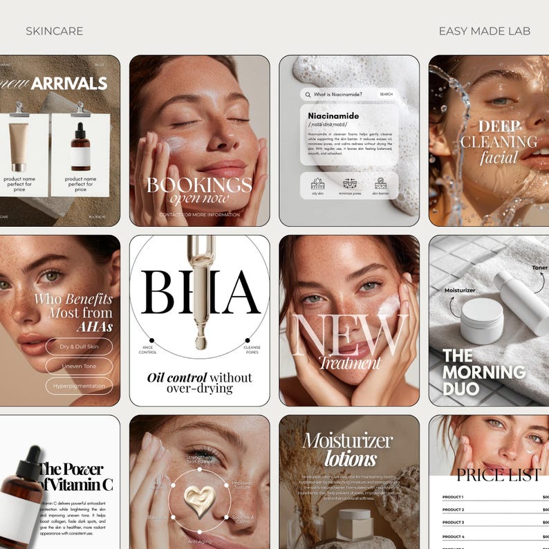 Puede incluir: Un collage de anuncios de productos para el cuidado de la piel. Los anuncios presentan im&aacute;genes de mujeres, frascos de productos y texto como "Nuevas llegadas", "Reservas abiertas ahora" y "The Morning Duo". Los productos incluyen hidratantes, t&oacute;nicos y s&eacute;rums.