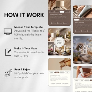 Może przedstawiać: Grafika promocyjna z tekstem &bdquo;HOW IT WORK&rdquo; i instrukcjami dostępu do szablonu, dostosowywania go i publikowania w mediach społecznościowych. Obraz zawiera r&oacute;wnież zdjęcia produkt&oacute;w do pielęgnacji sk&oacute;ry, w tym kremu nawilżającego, środka czyszczącego i serum.