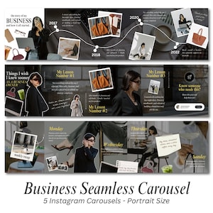 May include: A multi-panel graphic design for Instagram, showcasing a business journey with text and images. The design includes a timeline, lessons learned, and a call to action. The title reads "Business Seamless Carousel".