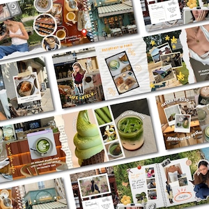 May include: A collage of photos featuring food, drinks, and travel. Images include matcha lattes, pastries, and cafe scenes. Text includes "Breakfast in Paris", "Life Lately", and "Matcha of 2030". The theme is a scrapbook or journal.