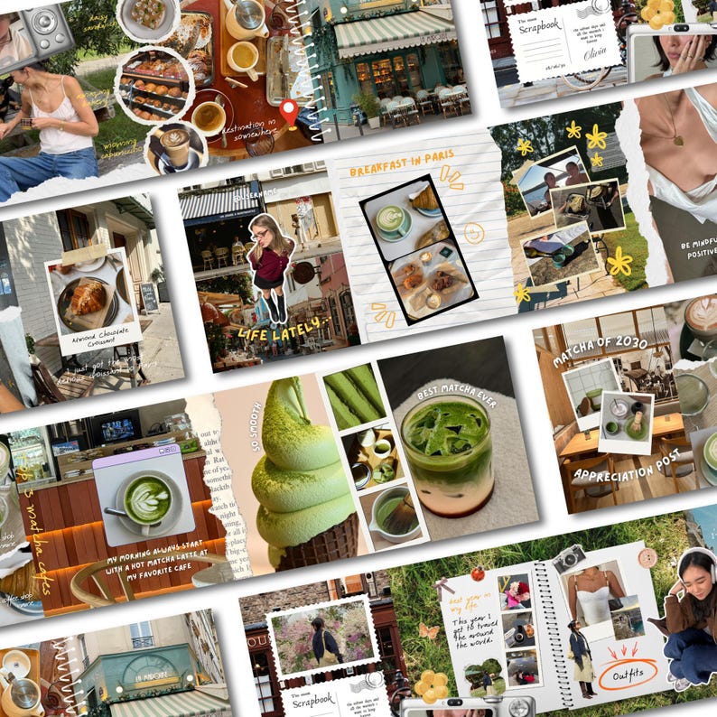 May include: A collage of photos featuring food, drinks, and travel. Images include matcha lattes, pastries, and cafe scenes. Text includes "Breakfast in Paris", "Life Lately", and "Matcha of 2030". The theme is a scrapbook or journal.