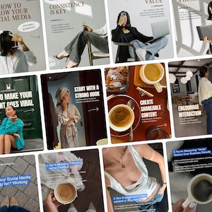 May include: A collage of images with text related to social media marketing. The images feature people, coffee, and text such as "How to Grow Your Social Media" and "Create Shareable Content". The color scheme is neutral with pops of color.