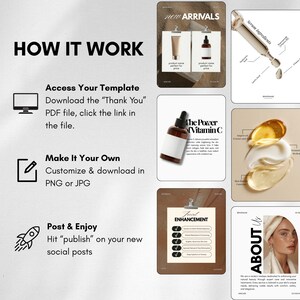 May include: A promotional graphic with the text "How It Work" and "New Arrivals." It includes images of skincare products, a Vitamin C serum bottle, and a list of facial enhancement treatments. The graphic also features instructions for accessing, customizing, and posting templates.