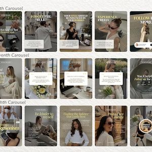 May include: A collection of social media carousel posts featuring lifestyle photography, neutral color palettes, and motivational text overlays. The images display various scenes including indoor settings, outdoor street views, and close-ups of daily routines.