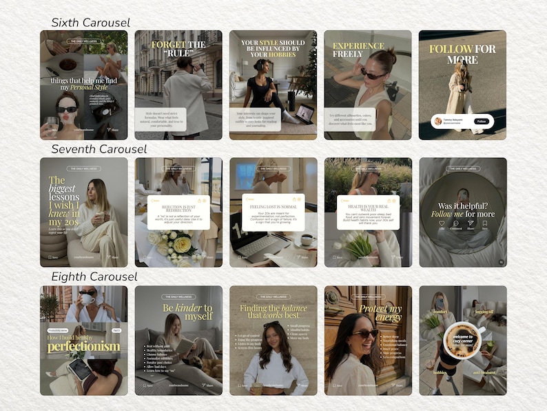 May include: A collection of social media carousel posts featuring lifestyle photography, neutral color palettes, and motivational text overlays. The images display various scenes including indoor settings, outdoor street views, and close-ups of daily routines.