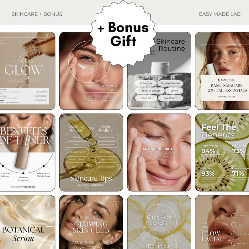 Puede incluir: Imagen promocional de productos para el cuidado de la piel. La imagen presenta varias exhibiciones de productos, incluyendo sueros, cremas y tratamientos faciales. El texto incluye "Glow", "Benefits of Toner", "Skincare Tips" y "Anti-Aging Cream". Tambi&eacute;n se anuncia un regalo extra.