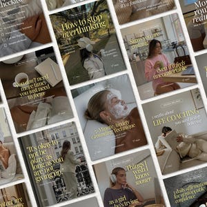 May include: A collection of square social media graphics featuring wellness and self-care themes. Each image displays gold text overlays on neutral-toned photography, including topics like grounding techniques, overthinking, and daily routines.
