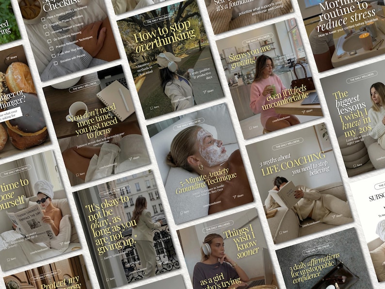 May include: A collection of square social media graphics featuring wellness and self-care themes. Each image displays gold text overlays on neutral-toned photography, including topics like grounding techniques, overthinking, and daily routines.