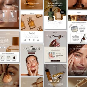 May include: A collection of digital marketing templates for skincare products featuring various glass bottles, jars, and droppers. The layouts include promotional text, discount codes, and imagery of people applying serums and creams to their faces.