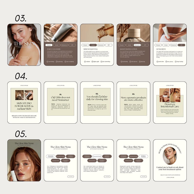 May include: A digital display featuring skincare product information and promotional content. The layout includes images of products, models, and text. The color scheme is neutral with brown and beige tones. The text includes "THE SKIN", "SKIN STUDIO", and "The Glow Skin Menu".
