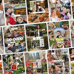 May include: A digital photo collage featuring multiple snapshots of daily life, including coffee, pastries, flowers, cityscapes, and social outings, with overlaid text elements like July recap, California trip, and photo dump in various fonts.