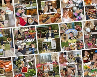 May include: A digital photo collage featuring multiple snapshots of daily life, including coffee, pastries, flowers, cityscapes, and social outings, with overlaid text elements like July recap, California trip, and photo dump in various fonts.
