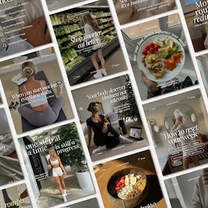May include: A collection of social media post templates featuring wellness and lifestyle imagery, including photos of a person grocery shopping, exercising, eating healthy meals, and relaxing, all overlaid with motivational text and icons.