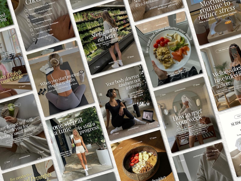 May include: A collection of social media post templates featuring wellness and lifestyle imagery, including photos of a person grocery shopping, exercising, eating healthy meals, and relaxing, all overlaid with motivational text and icons.